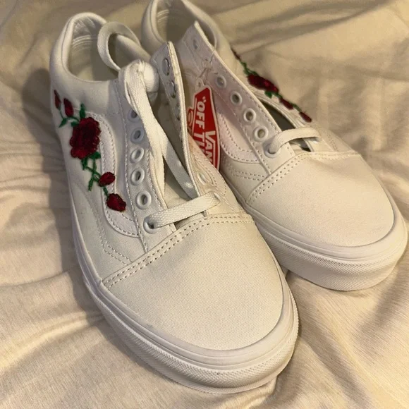 Vans Women's White and Red Floral Sneakers - Picture 1 of 4
